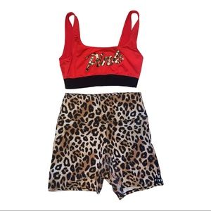 Pink VS Medium Cheetah Sports Bra Biker Short Set